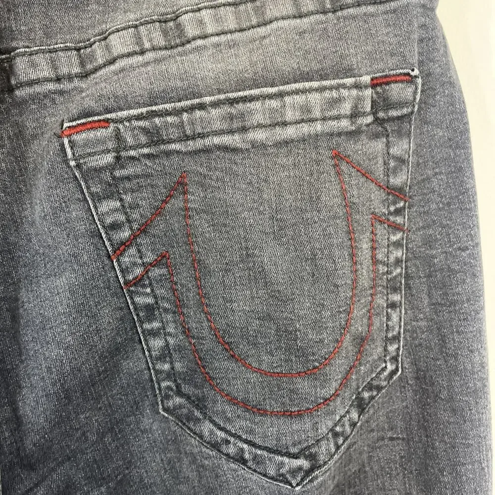 True Religion Men's Washed Gray Straight Jeans with Red Stitching